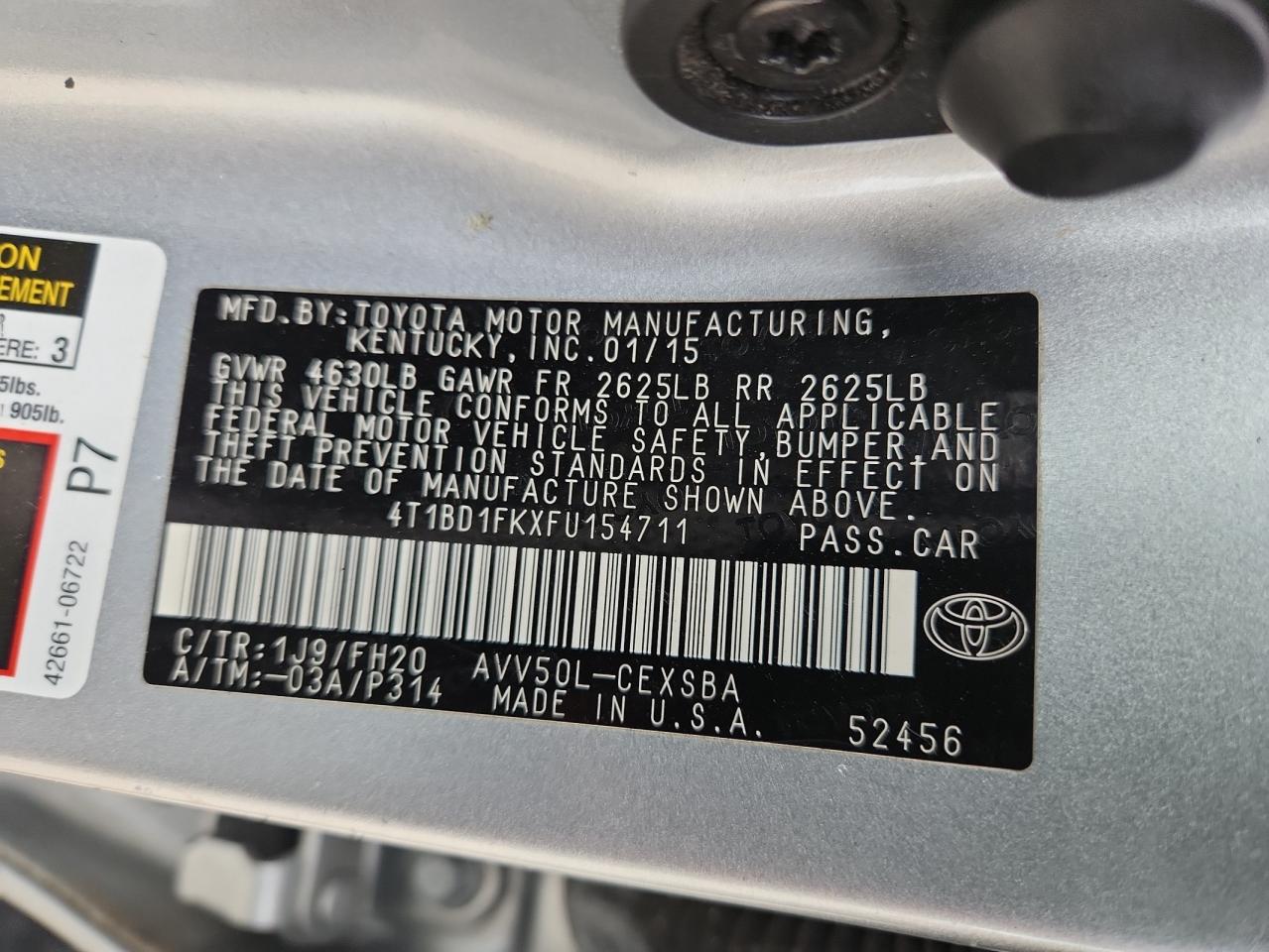 2015 Toyota Camry Hybrid VIN: 4T1BD1FKXFU154711 Lot: 65153065