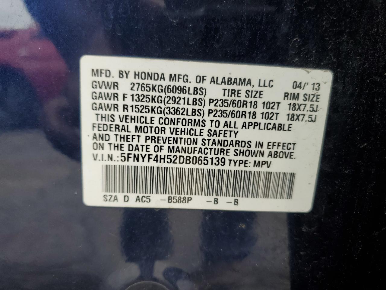 2013 Honda Pilot Exl VIN: 5FNYF4H52DB065139 Lot: 64460305