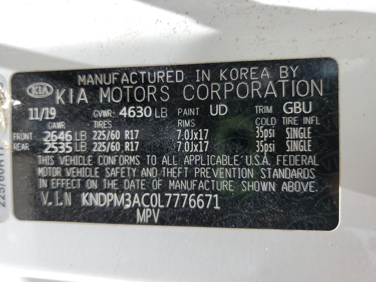 2020 Kia Sportage Lx VIN: KNDPM3AC0L7776671 Lot: 64444025