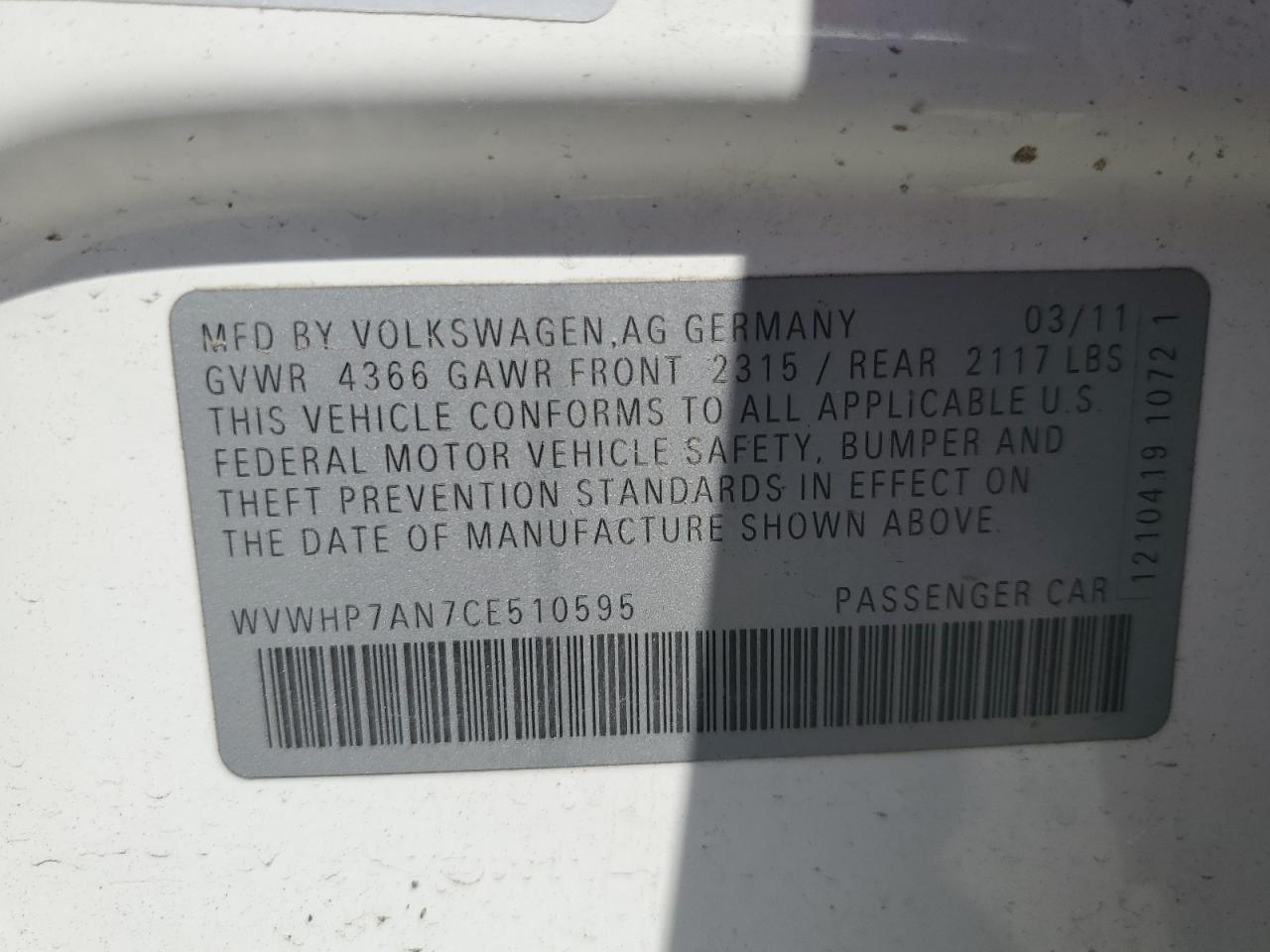 2012 Volkswagen Cc Luxury VIN: WVWHP7AN7CE510595 Lot: 64697785