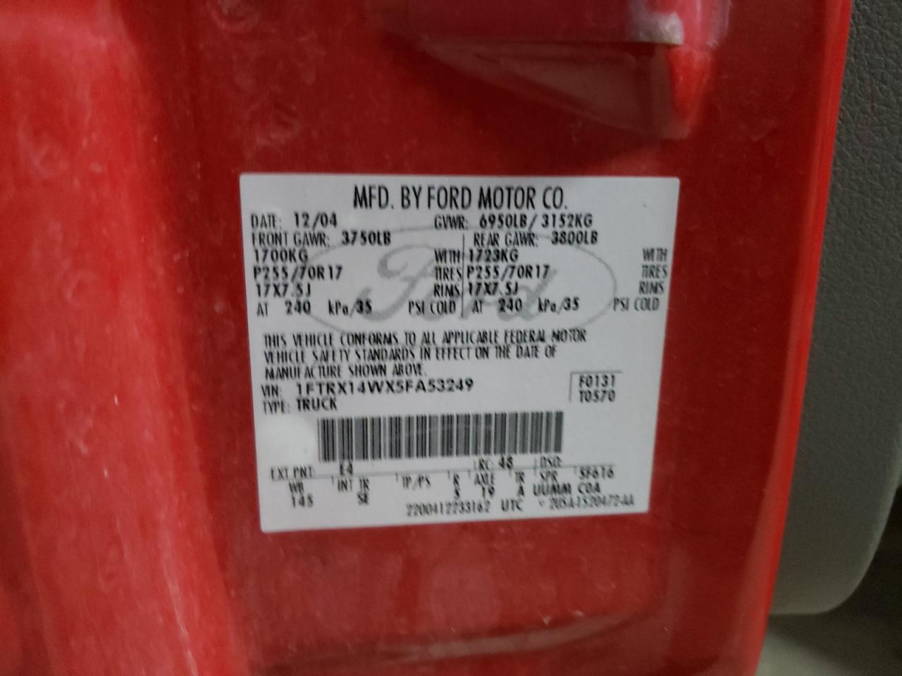 2005 Ford F150 VIN: 1FTRX14WX5FA53249 Lot: 66262365