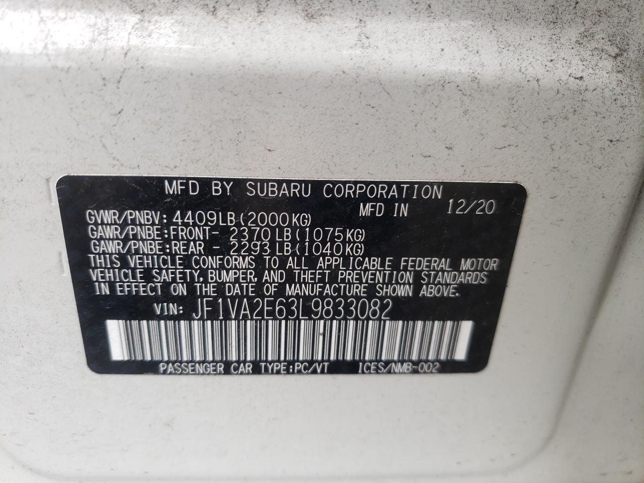 2020 Subaru Wrx Sti VIN: JF1VA2E63L9833082 Lot: 63496145