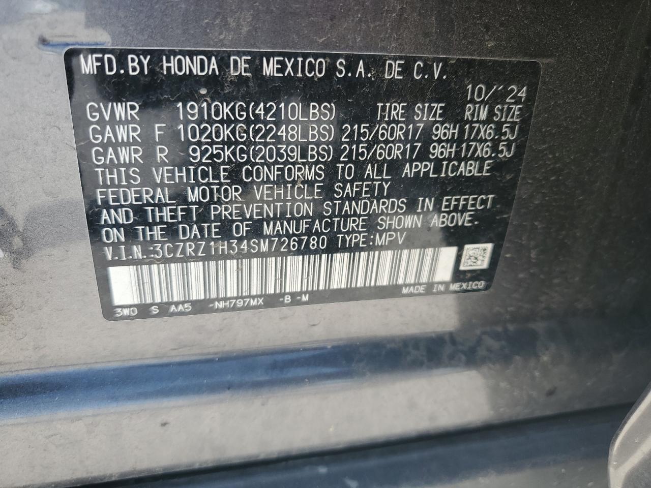 2025 Honda Hr-V Lx VIN: 3CZRZ1H34SM726780 Lot: 64652005