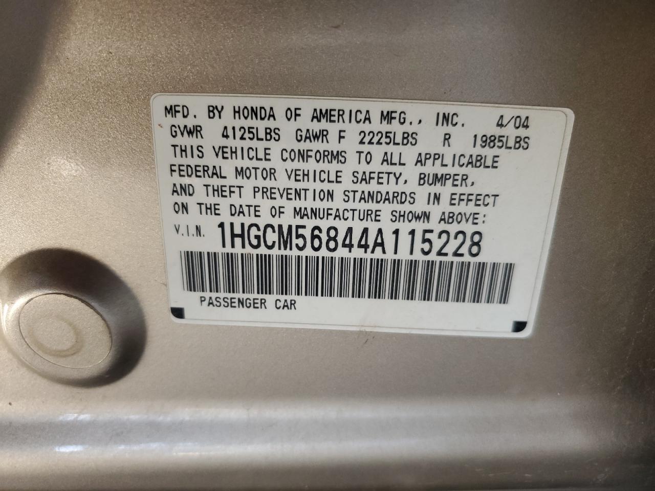2004 Honda Accord Ex VIN: 1HGCM56844A115228 Lot: 64328915