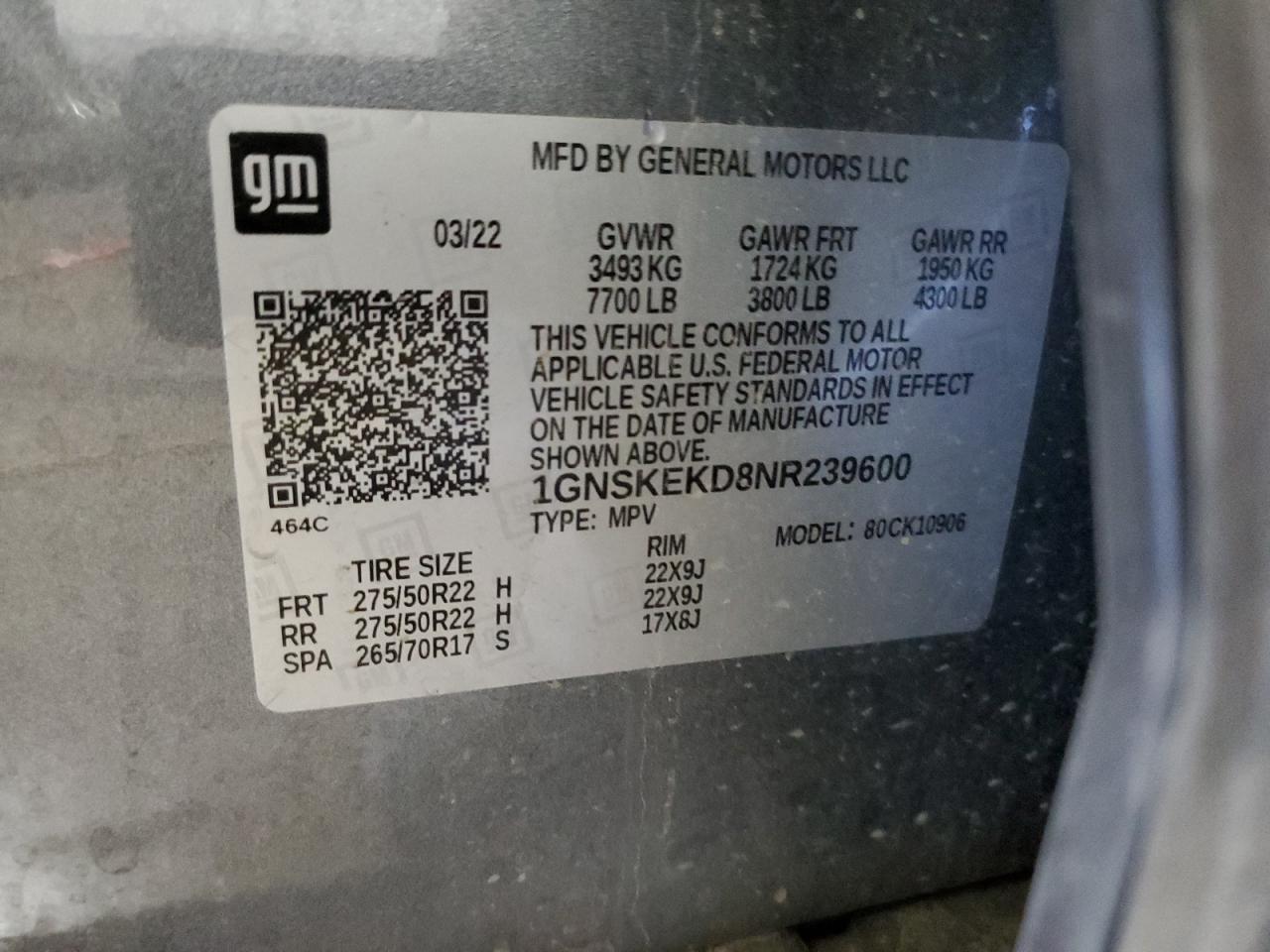 2022 Chevrolet Suburban K1500 Rst VIN: 1GNSKEKD8NR239600 Lot: 64103875