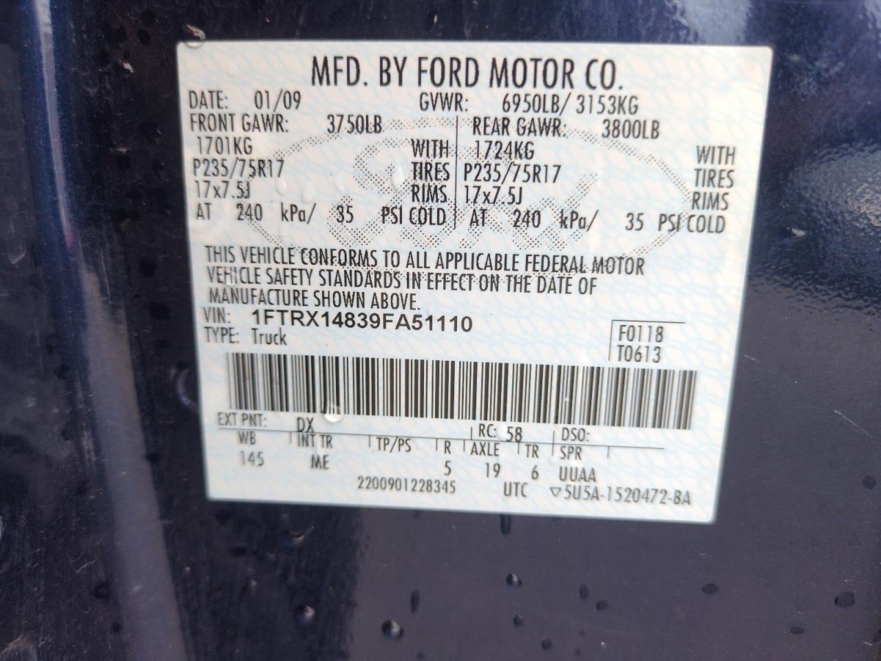 2009 Ford F150 Super Cab VIN: 1FTRX14839FA51110 Lot: 63215075