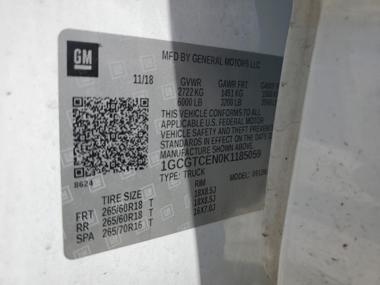2019 Chevrolet Colorado Lt VIN: 1GCGTCEN0K1185059 Lot: 63318265
