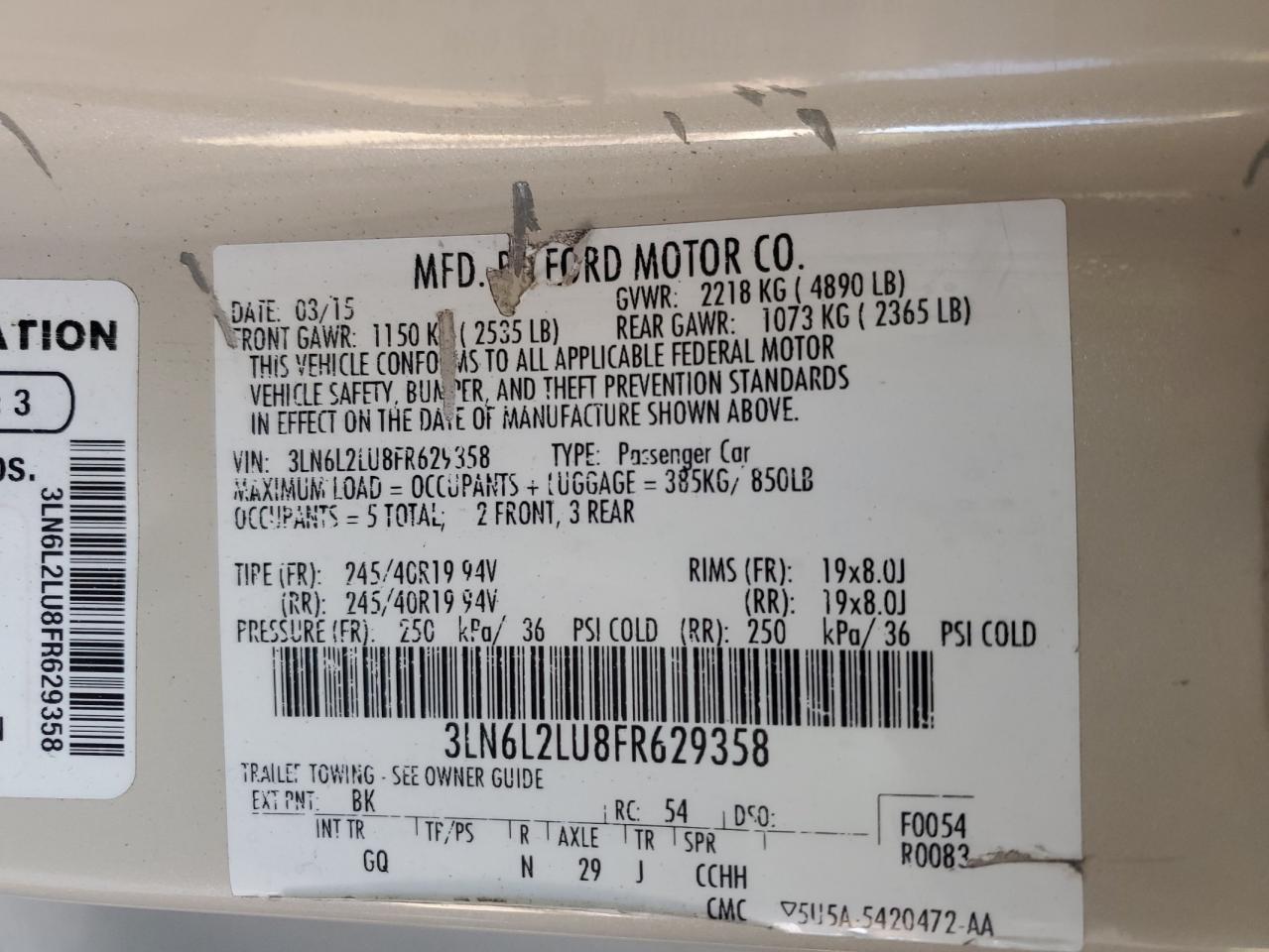 2015 Lincoln Mkz Hybrid VIN: 3LN6L2LU8FR629358 Lot: 66943385