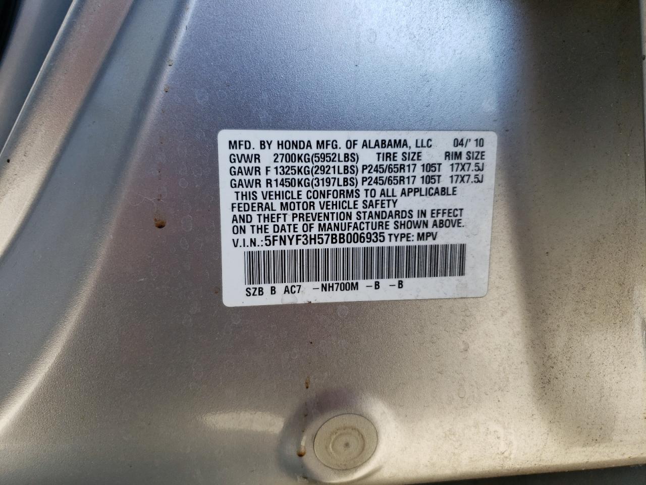 2011 Honda Pilot Exl VIN: 5FNYF3H57BB006935 Lot: 65249075