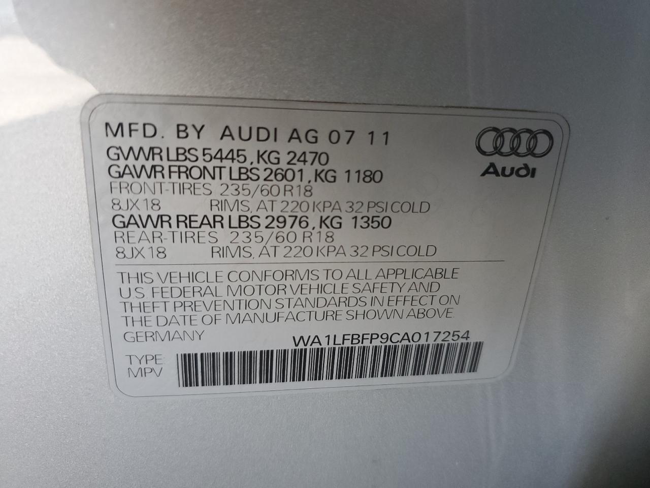 2012 Audi Q5 Premium Plus VIN: WA1LFBFP9CA017254 Lot: 62195965