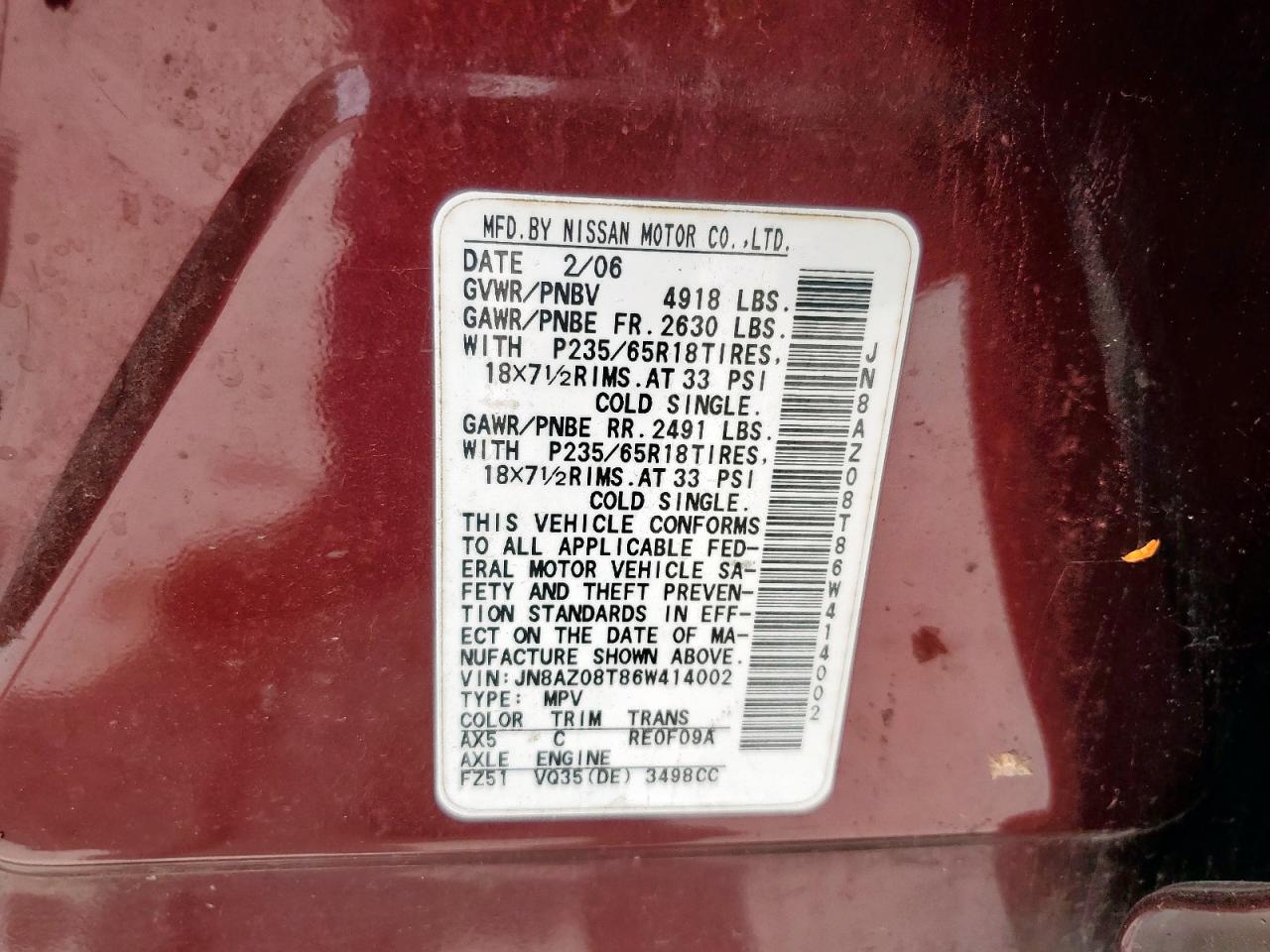 2006 Nissan Murano Sl VIN: JN8AZ08T86W414002 Lot: 64623395