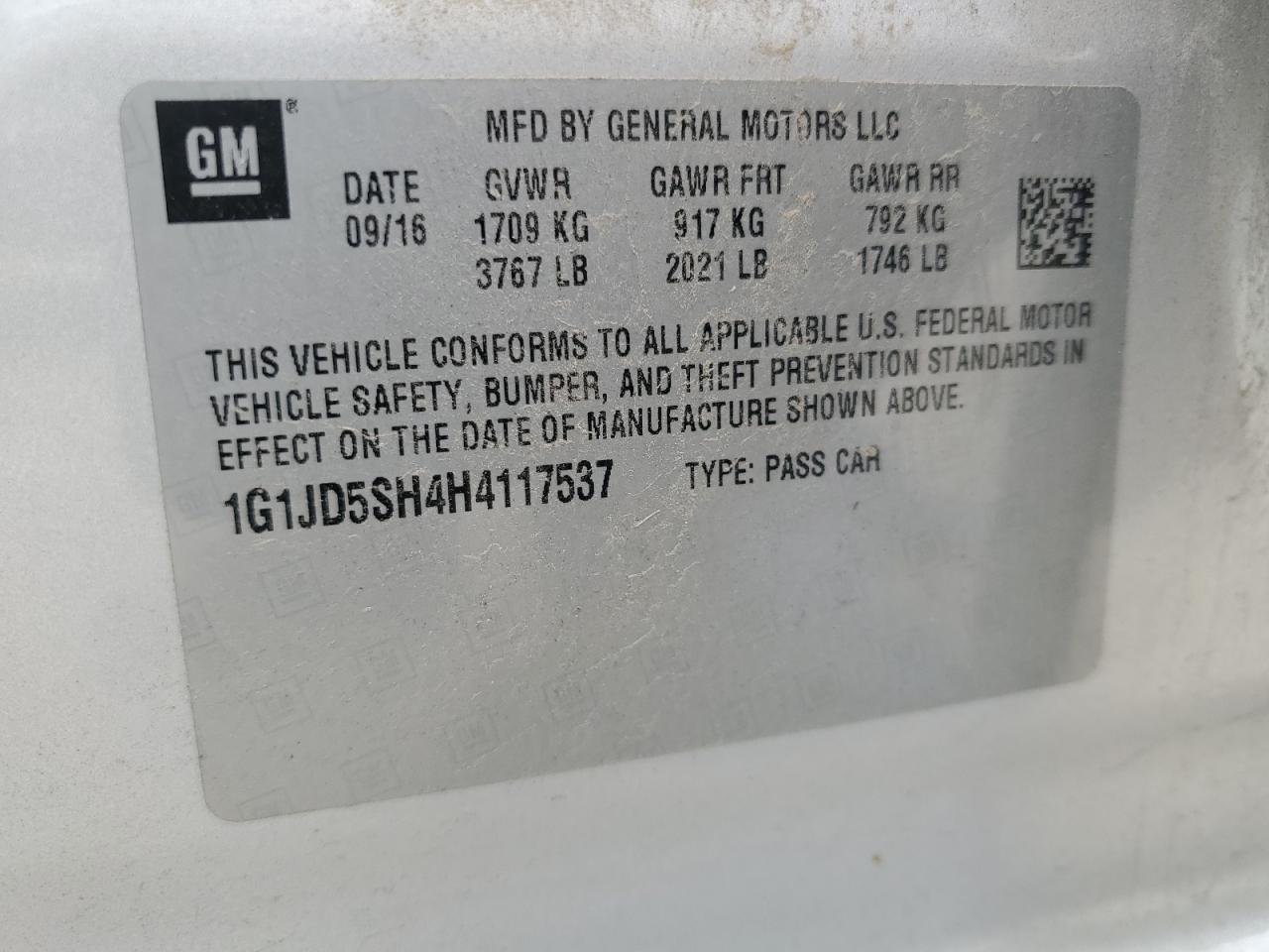 2017 Chevrolet Sonic Lt VIN: 1G1JD5SH4H4117537 Lot: 67359135