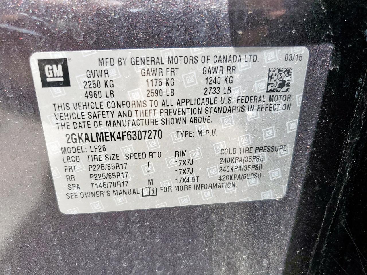 2015 GMC Terrain Sle VIN: 2GKALMEK4F6307270 Lot: 64968485