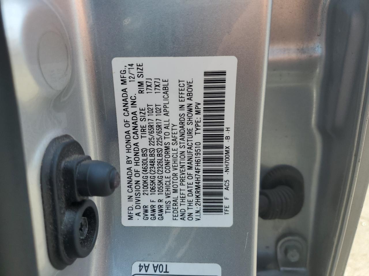 2015 Honda Cr-V Exl VIN: 2HKRM4H74FH619510 Lot: 64336425