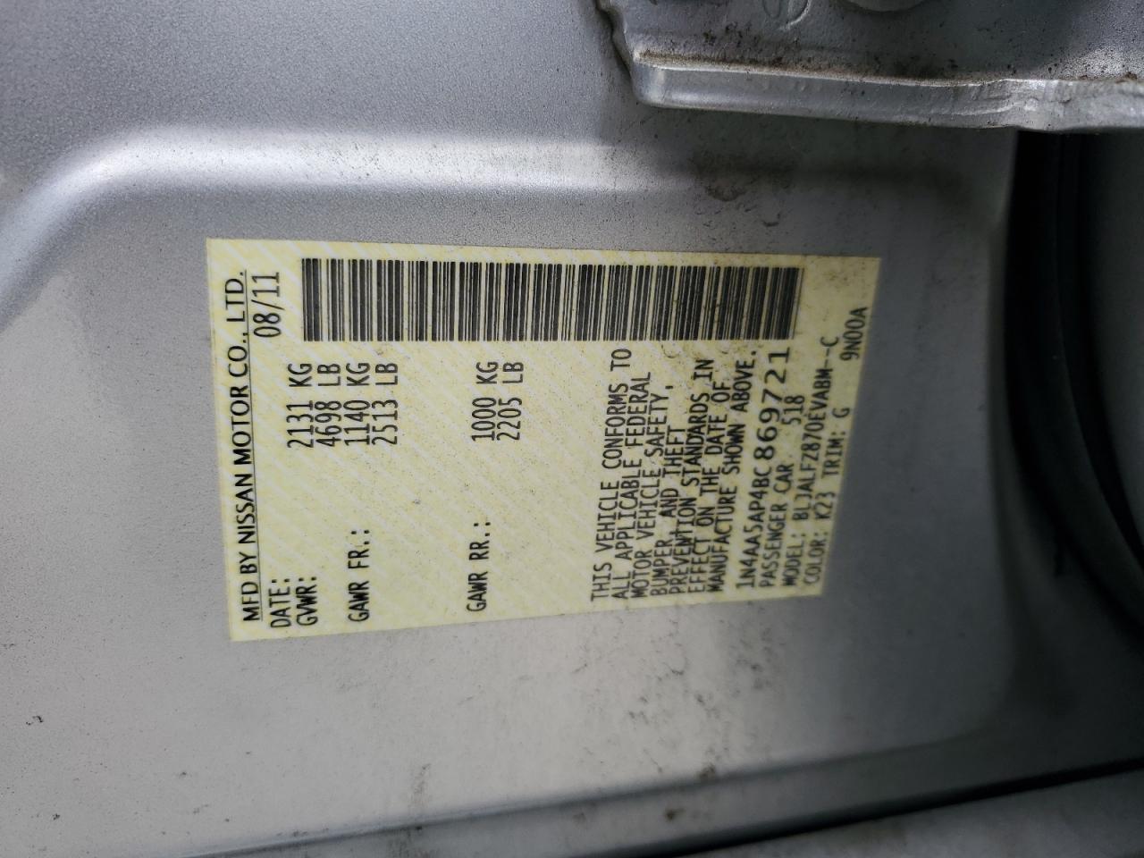 2011 Nissan Maxima S VIN: 1N4AA5AP4BC869721 Lot: 64437495
