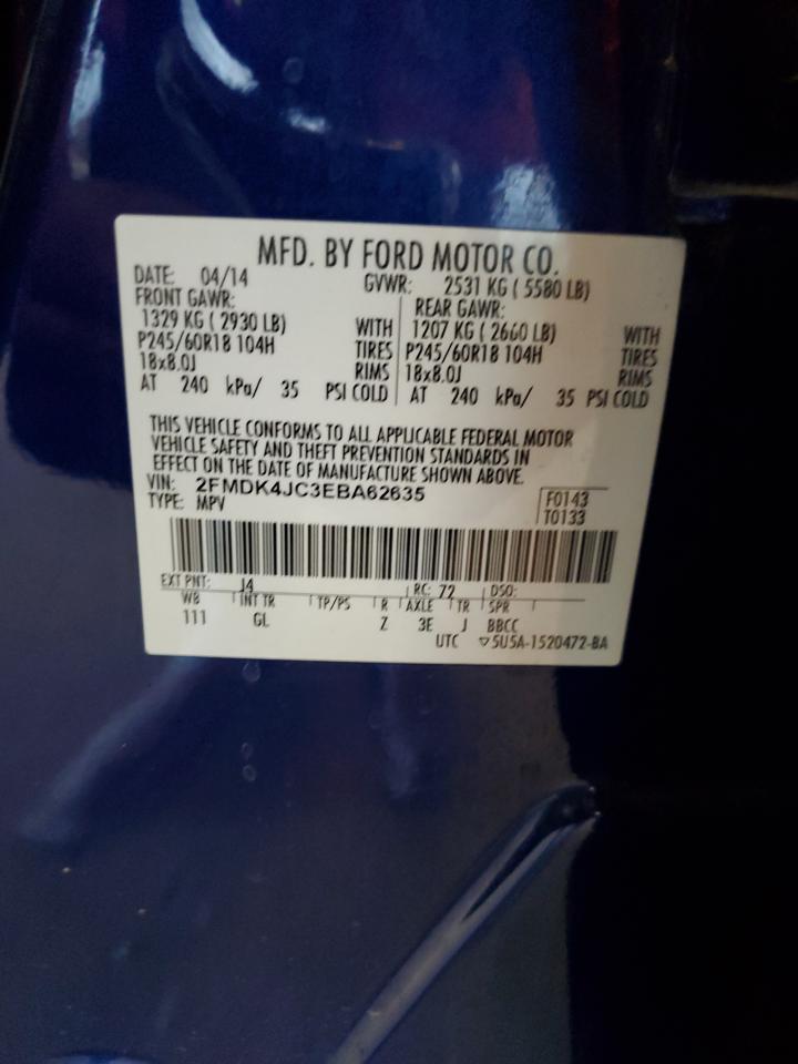 2014 Ford Edge Sel VIN: 2FMDK4JC3EBA62635 Lot: 63313565