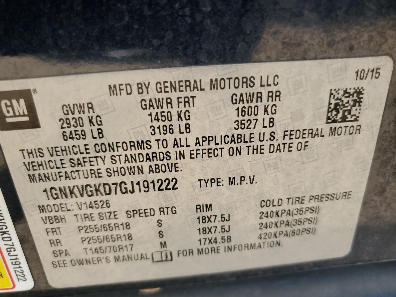 2016 Chevrolet Traverse Lt VIN: 1GNKVGKD7GJ191222 Lot: 64392665