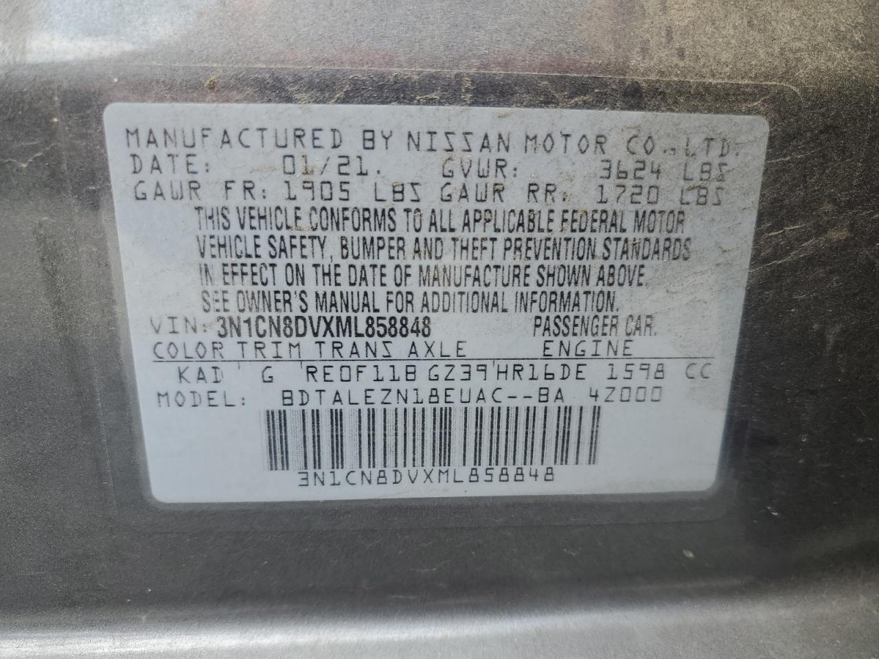 2021 Nissan Versa S VIN: 3N1CN8DVXML858848 Lot: 65208945