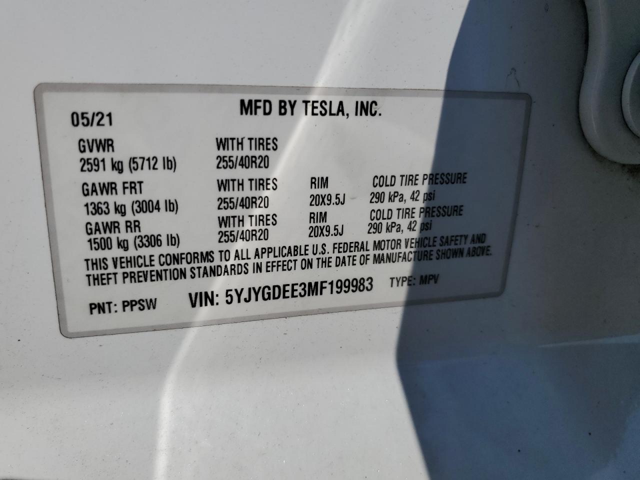 2021 Tesla Model Y VIN: 5YJYGDEE3MF199983 Lot: 64117265
