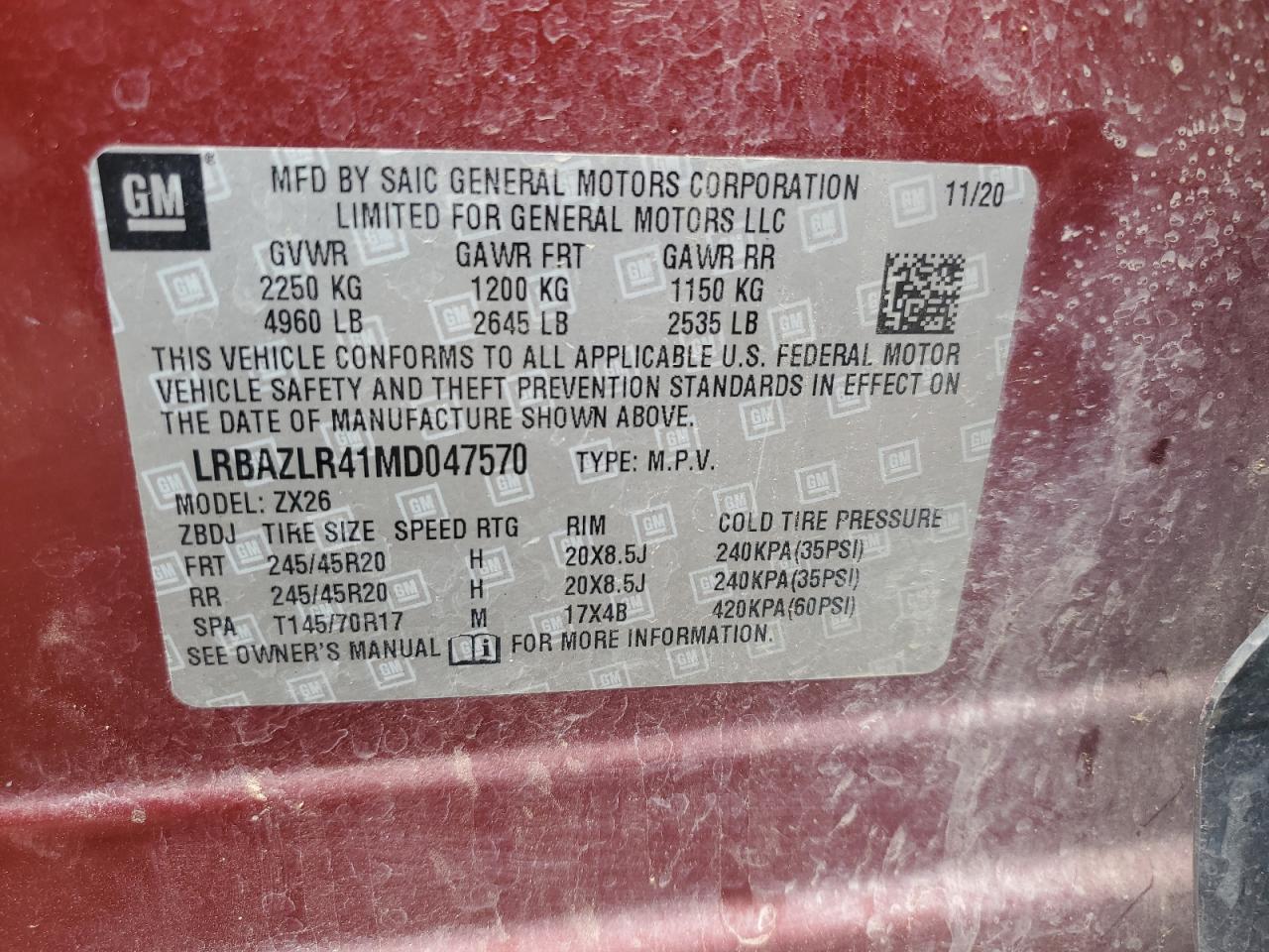 2021 Buick Envision Preferred VIN: LRBAZLR41MD047570 Lot: 65092025