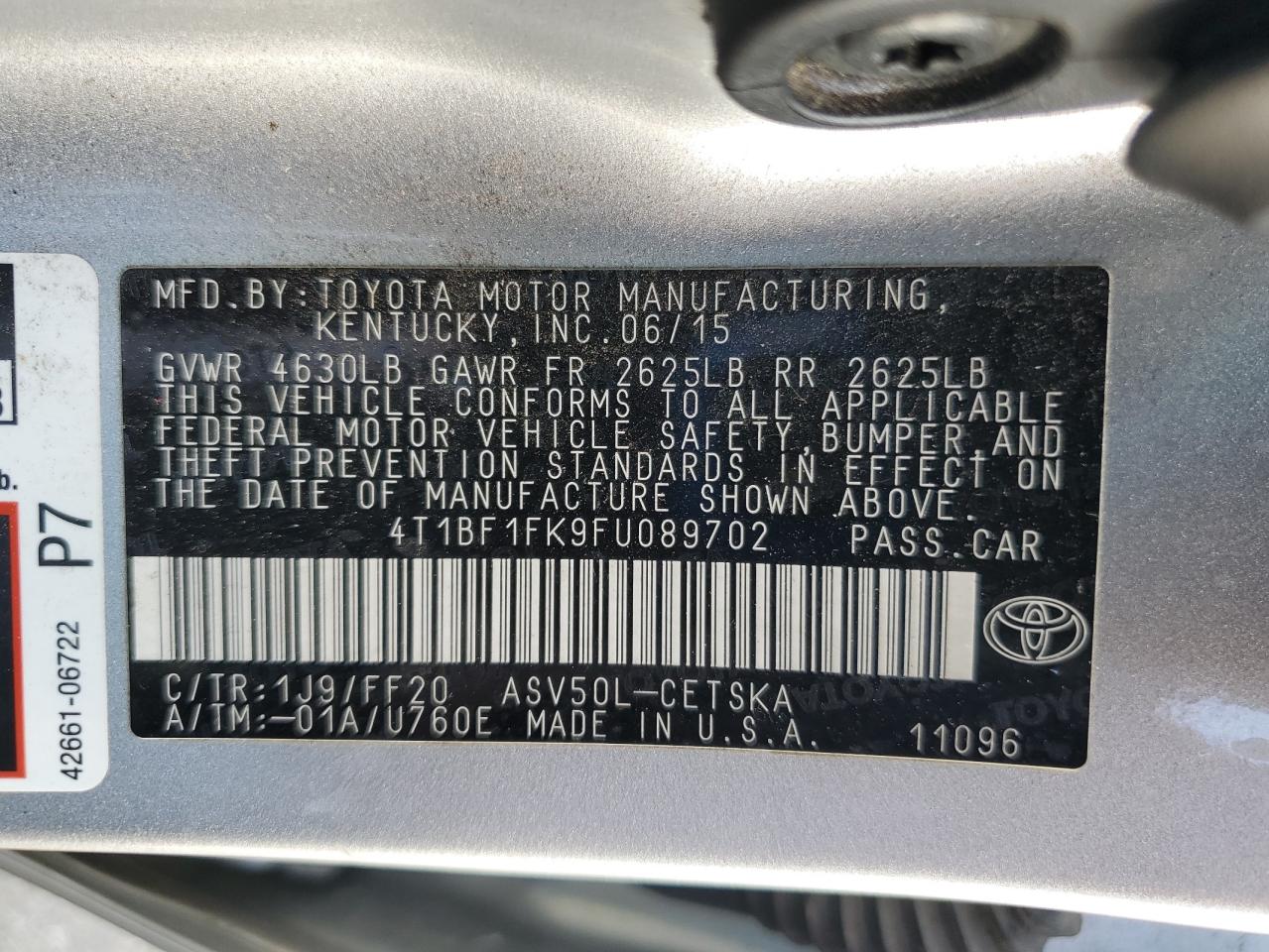 2015 Toyota Camry Le VIN: 4T1BF1FK9FU089702 Lot: 63832985