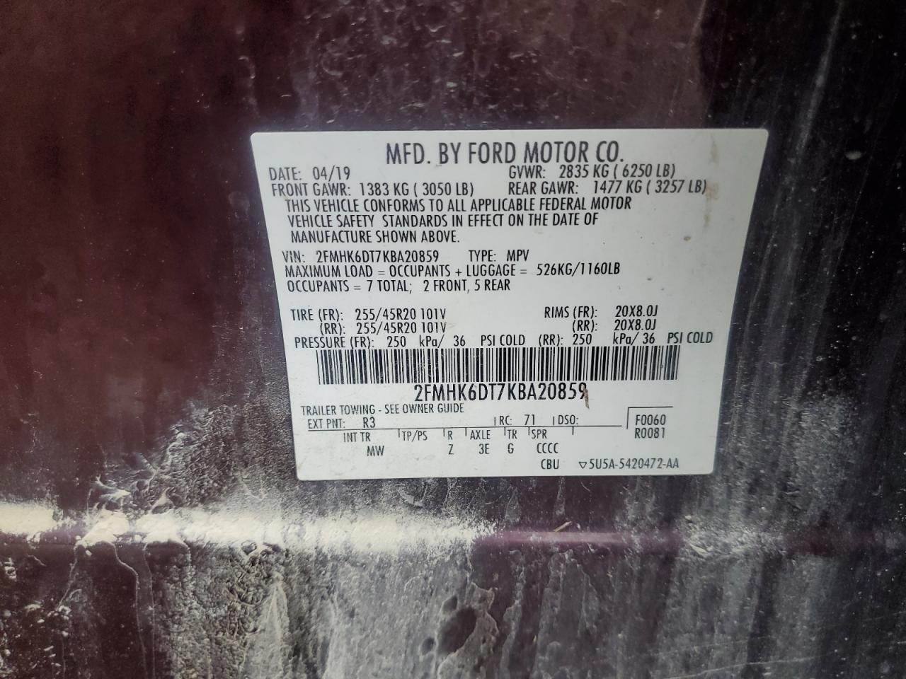 2019 Ford Flex Limited VIN: 2FMHK6DT7KBA20859 Lot: 66700555
