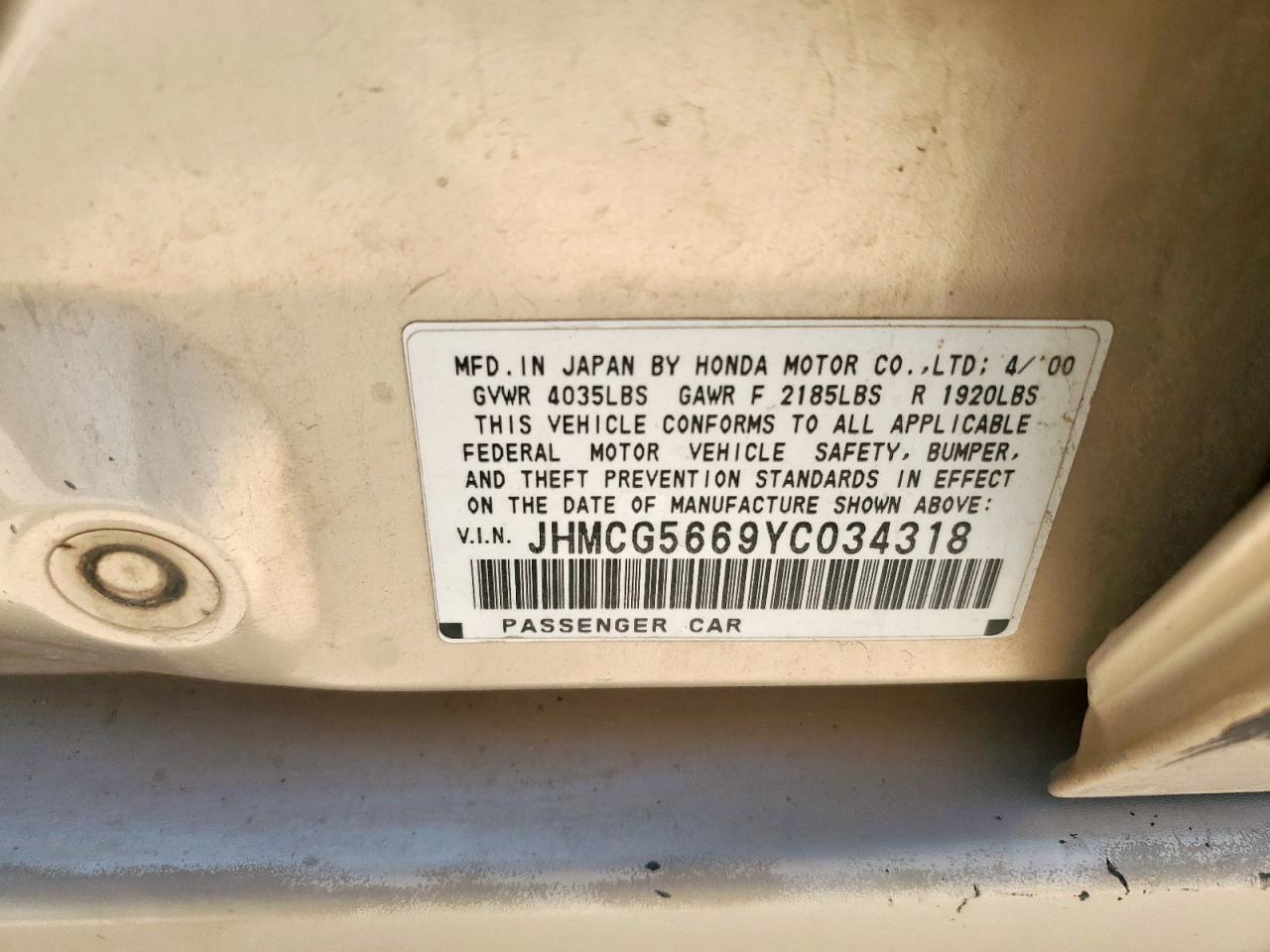2000 Honda Accord Ex VIN: JHMCG5669YC034318 Lot: 64850385