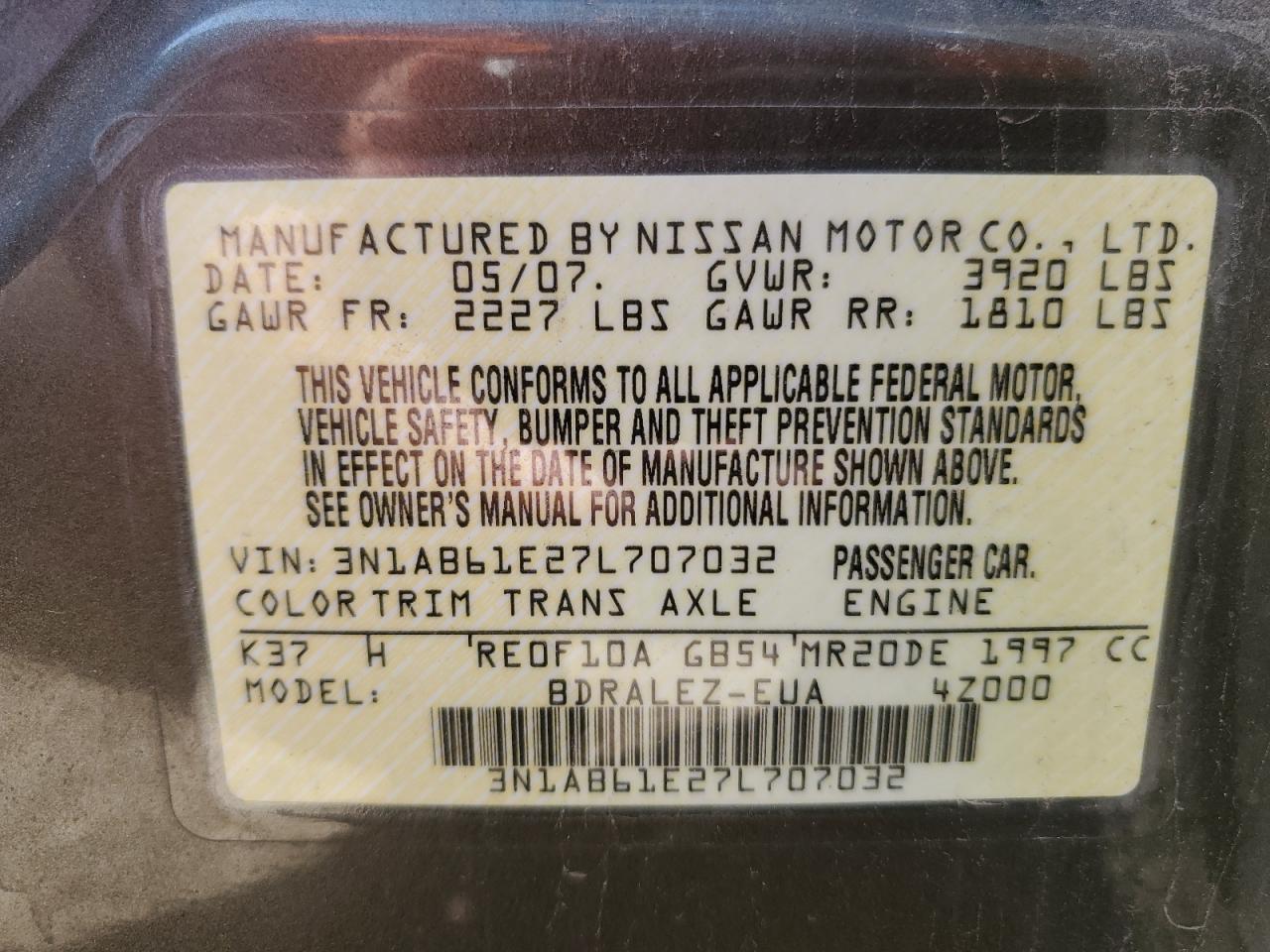 2007 Nissan Sentra 2.0 VIN: 3N1AB61E27L707032 Lot: 63069165