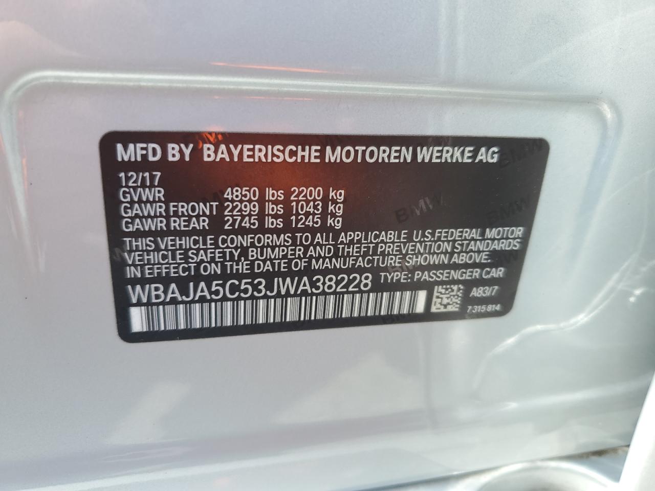 2018 BMW 530 I VIN: WBAJA5C53JWA38228 Lot: 63775125