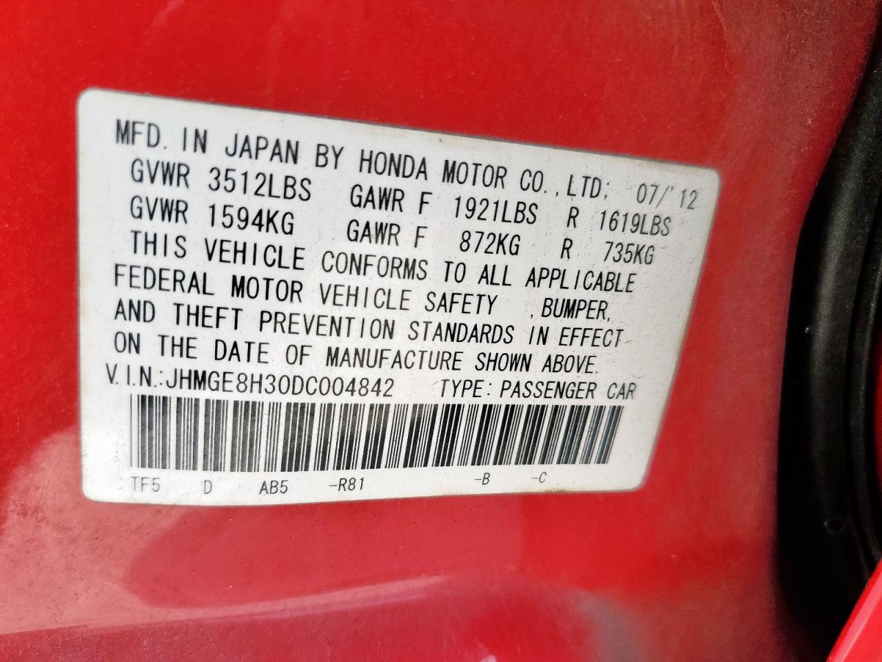 2013 Honda Fit VIN: JHMGE8H30DC004842 Lot: 64425475