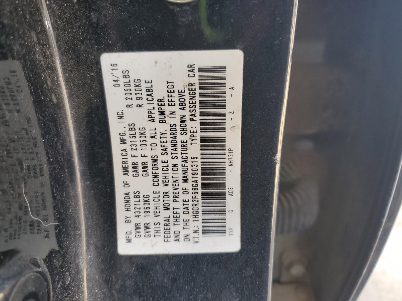 2016 Honda Accord Sport VIN: 1HGCR2F58GA190315 Lot: 64845325
