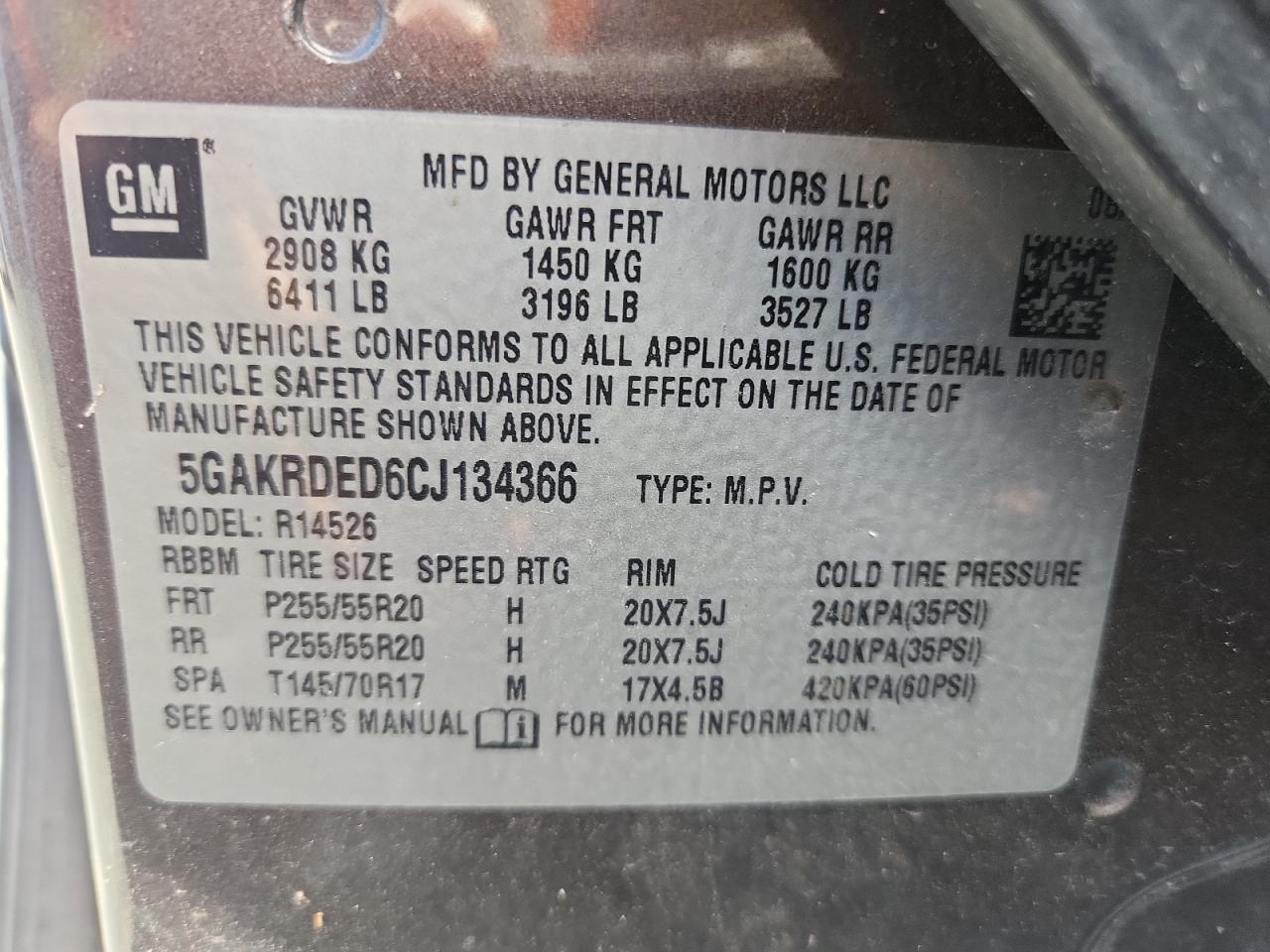 2012 Buick Enclave VIN: 5GAKRDED6CJ134366 Lot: 64172125