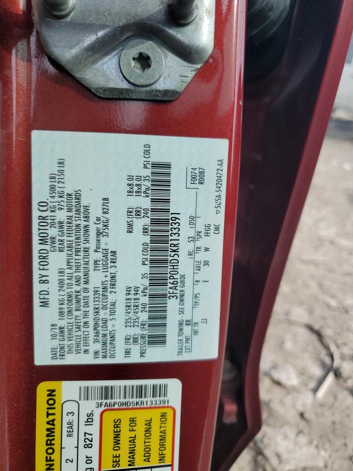 2019 Ford Fusion Se VIN: 3FA6P0HD5KR133391 Lot: 65092575