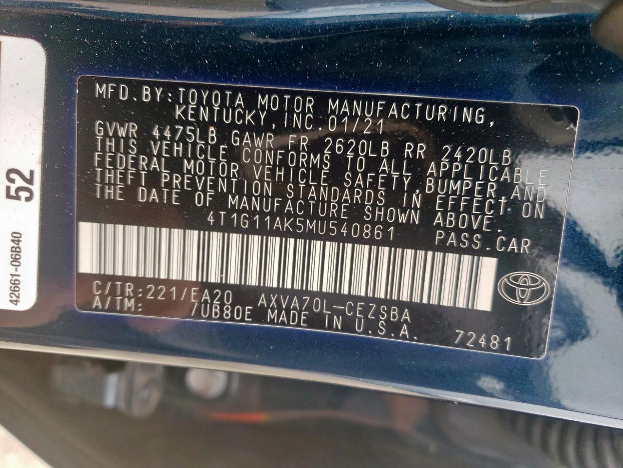 2021 Toyota Camry Se VIN: 4T1G11AK5MU540861 Lot: 63493855