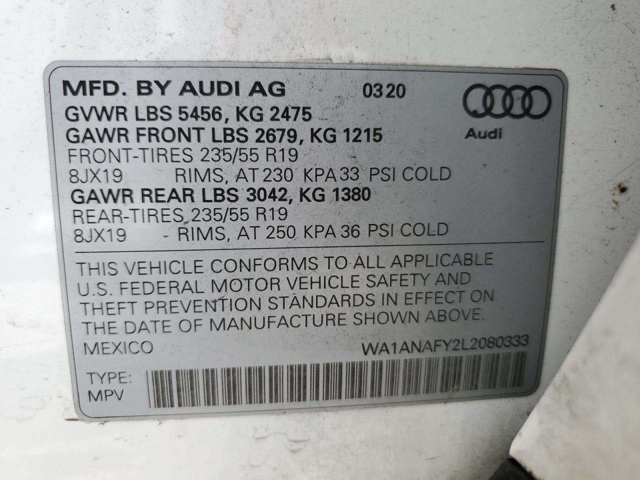 2020 Audi Q5 Premium VIN: WA1ANAFY2L2080333 Lot: 63839075