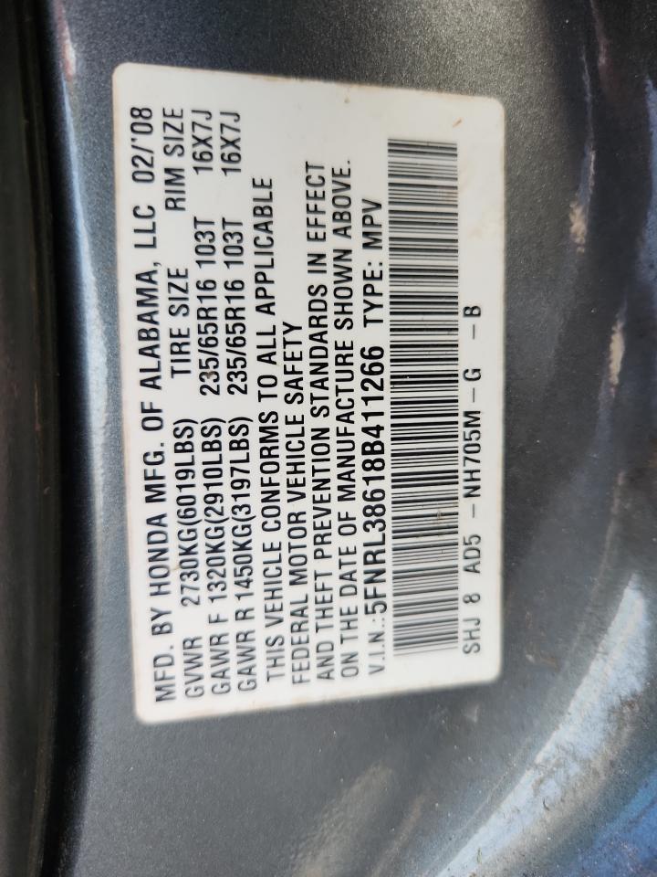 2008 Honda Odyssey Exl VIN: 5FNRL38618B411266 Lot: 64765885