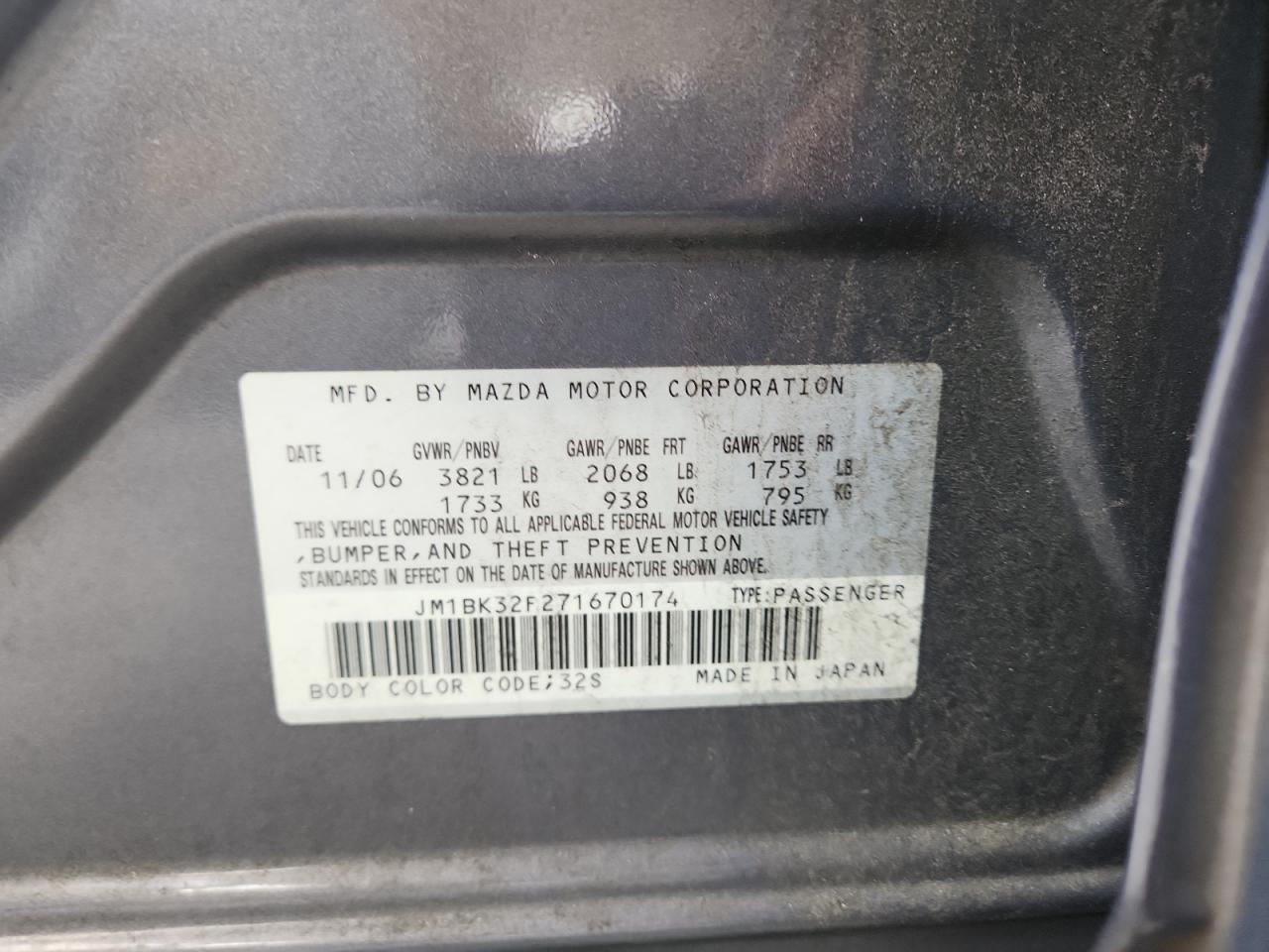 2007 Mazda 3 I VIN: JM1BK32F271670174 Lot: 65534715
