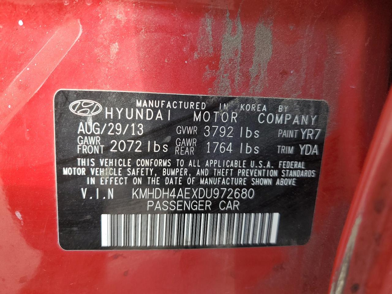 2013 Hyundai Elantra Gls VIN: KMHDH4AEXDU972680 Lot: 65055615