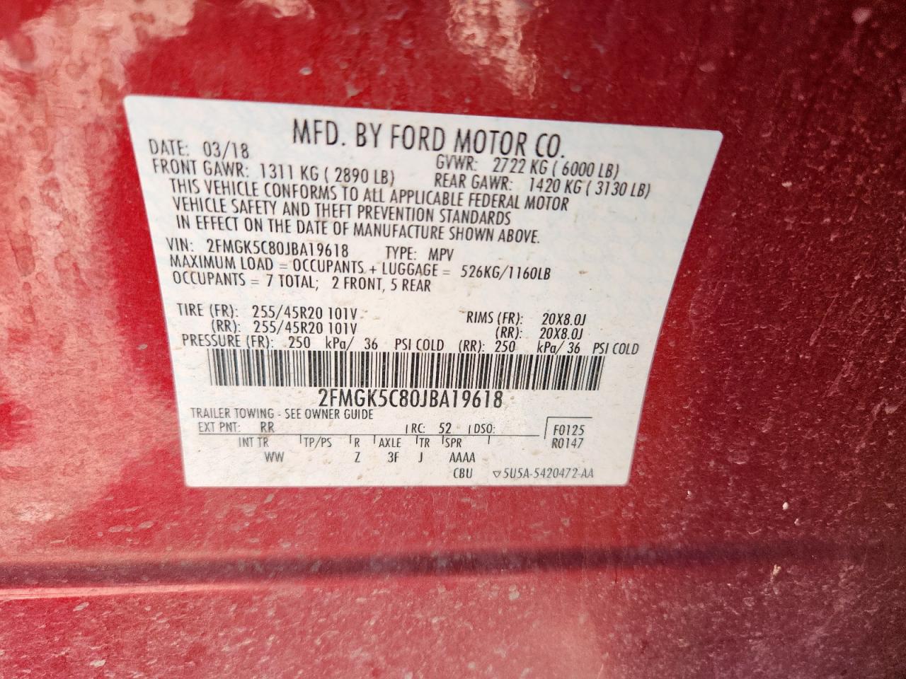 2018 Ford Flex Sel VIN: 2FMGK5C80JBA19618 Lot: 63866775