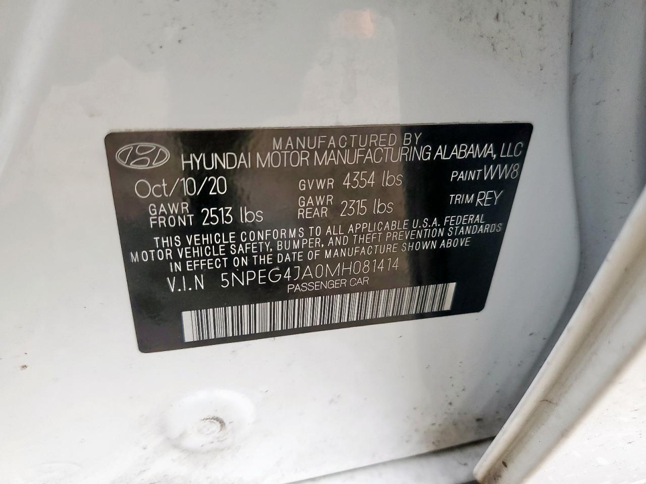 2021 Hyundai Sonata Se VIN: 5NPEG4JA0MH081414 Lot: 63757555