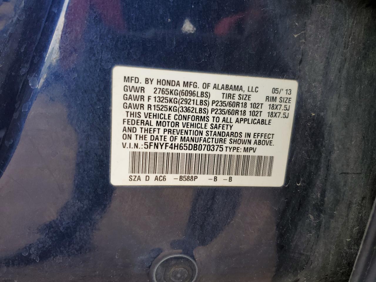 2013 Honda Pilot Exl VIN: 5FNYF4H65DB070375 Lot: 65476335