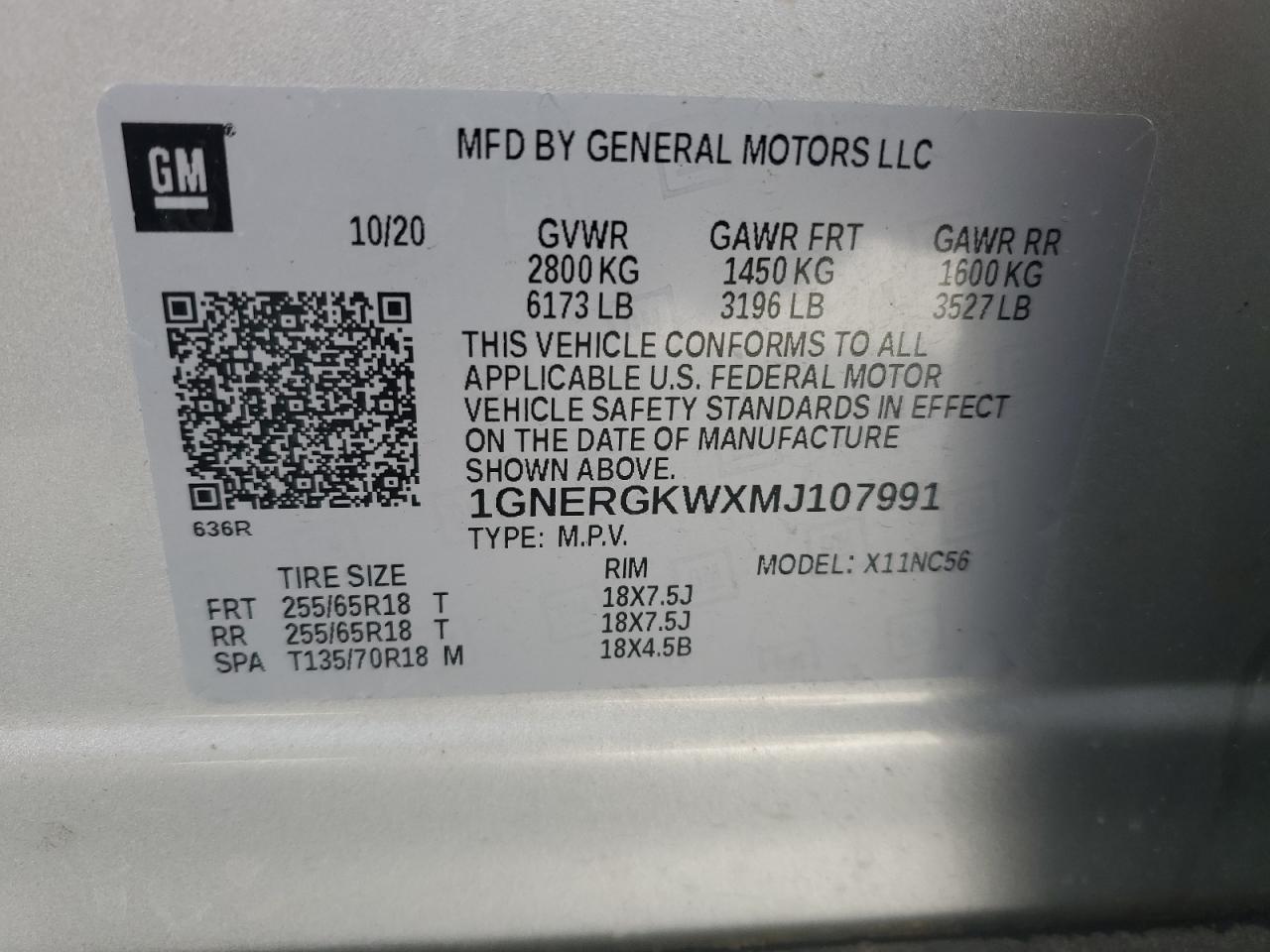 2021 Chevrolet Traverse Lt VIN: 1GNERGKWXMJ107991 Lot: 64002325