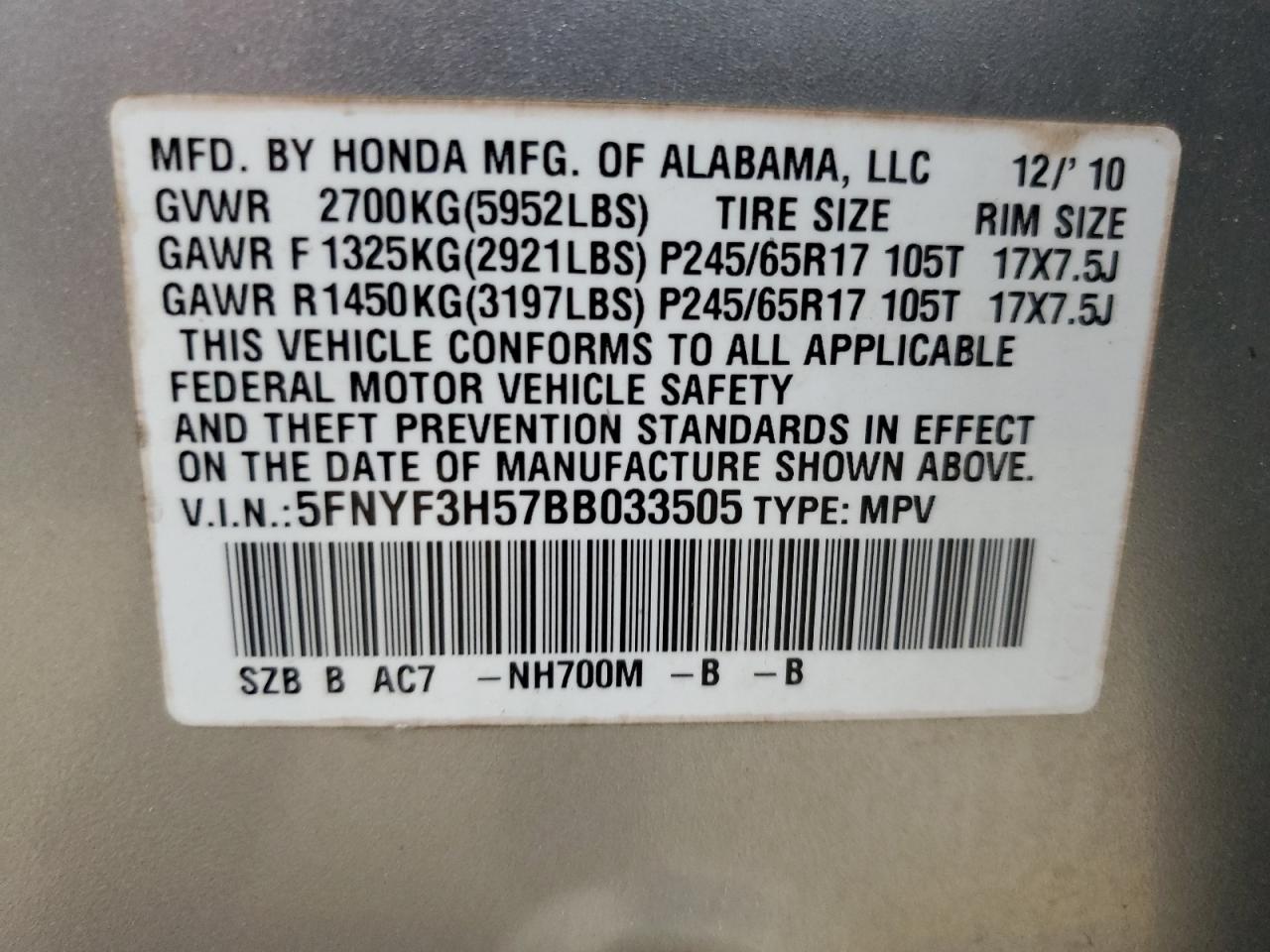 2011 Honda Pilot Exl VIN: 5FNYF3H57BB033505 Lot: 63136275