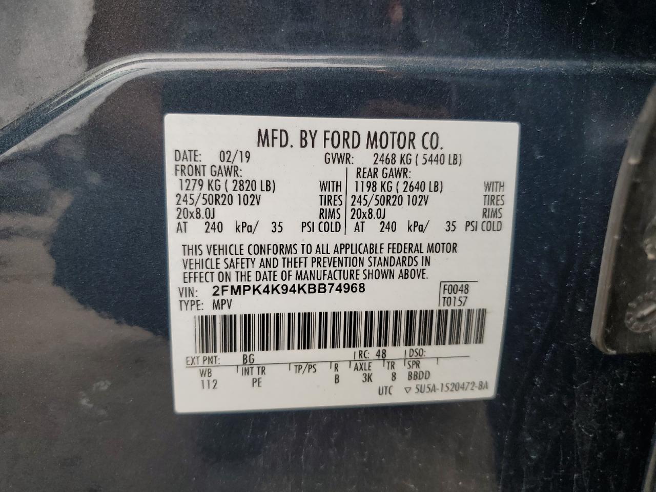 2019 Ford Edge Titanium VIN: 2FMPK4K94KBB74968 Lot: 65045745