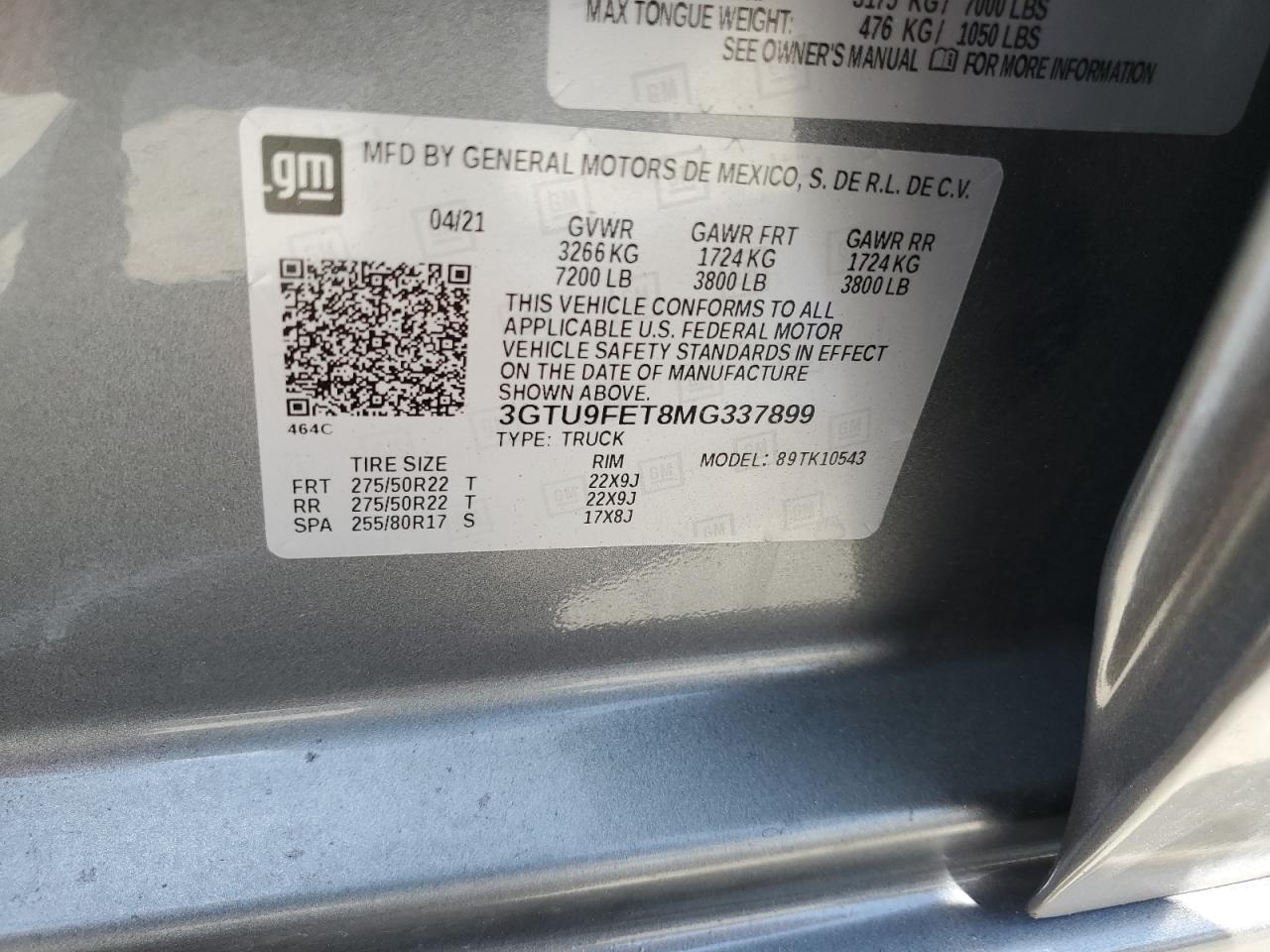 2021 GMC Sierra K1500 Denali VIN: 3GTU9FET8MG337899 Lot: 65768615