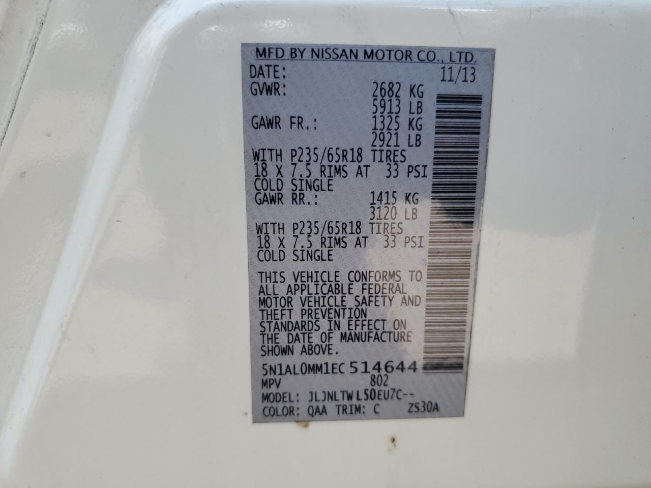 2014 Infiniti Qx60 VIN: 5N1AL0MM1EC514644 Lot: 64178235