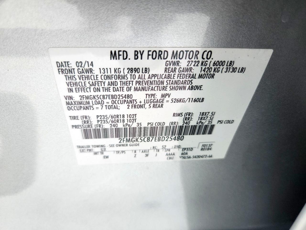 2014 Ford Flex Sel VIN: 2FMGK5C87EBD25480 Lot: 66944335