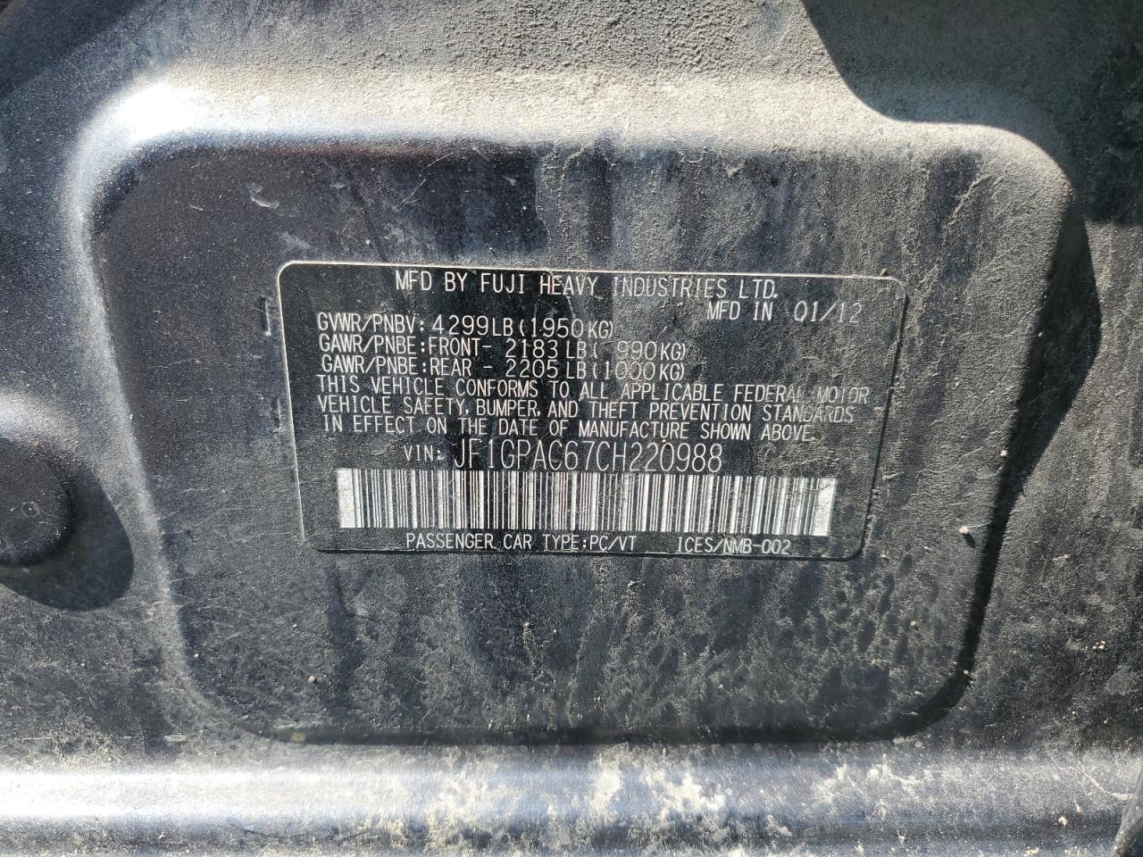 2012 Subaru Impreza Premium VIN: JF1GPAC67CH220988 Lot: 64576415