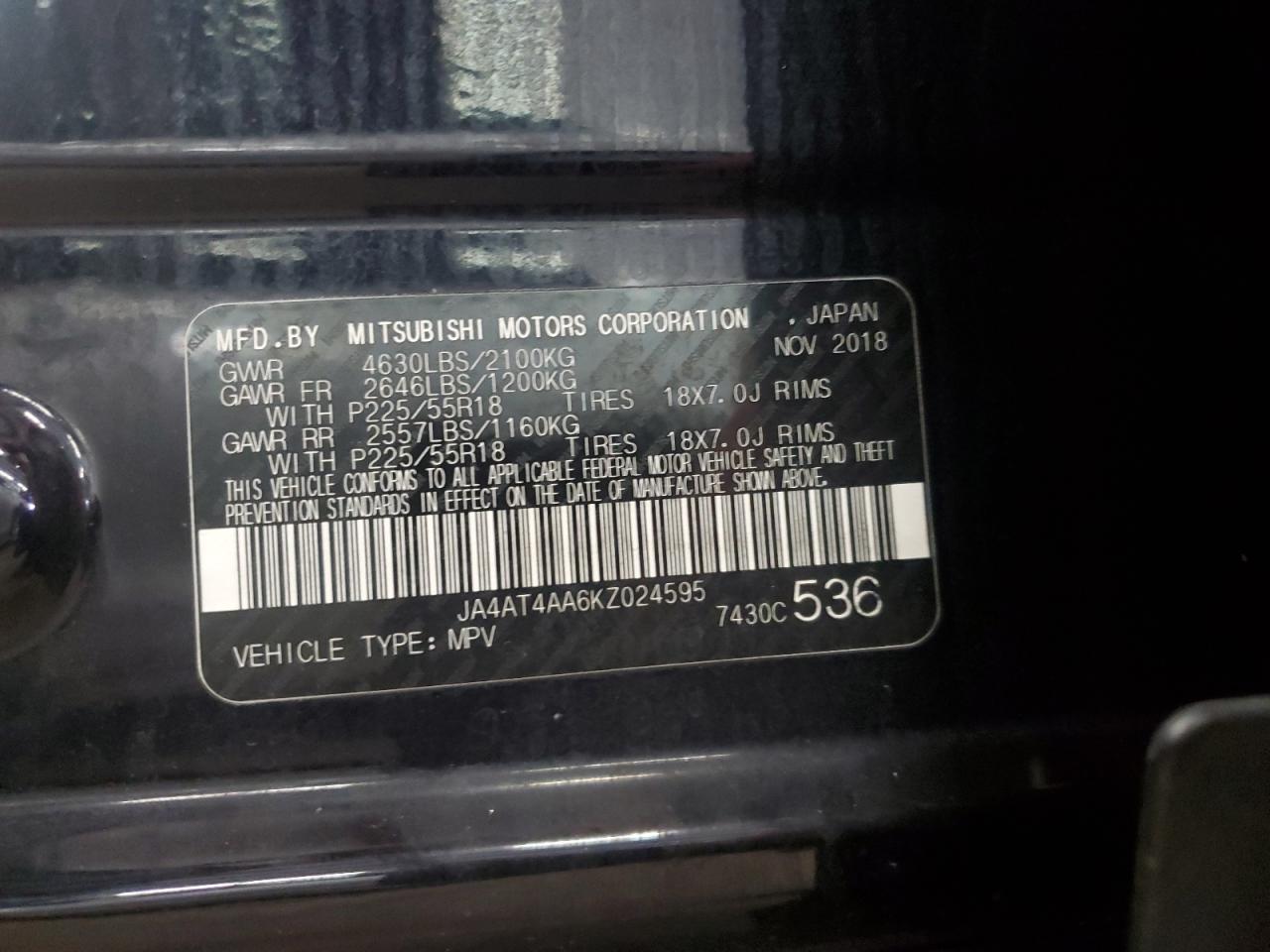 2019 Mitsubishi Eclipse Cross Le VIN: JA4AT4AA6KZ024595 Lot: 64439645