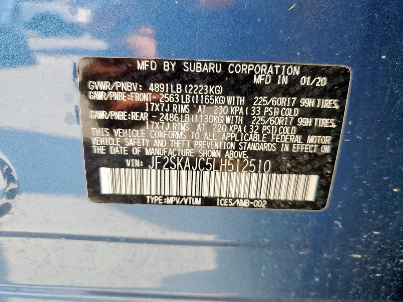 2020 Subaru Forester Premium VIN: JF2SKAJC5LH512510 Lot: 60362475